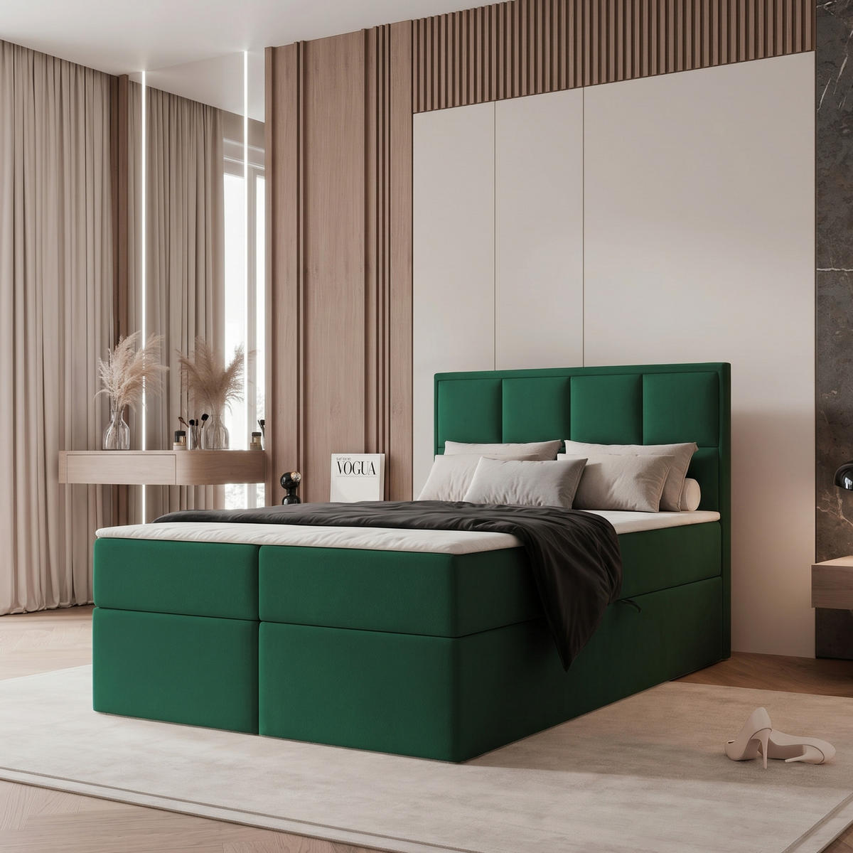 BOXBETT TIOLI 120x200 cm Flaschengrün (Stoff Magic Velvet) - mit Bettkasten, Bonellmatratze und Paneel-Kopfteil - Dunkelgrün, Holzwerkstoff/Textil (120/200cm) - Ravio