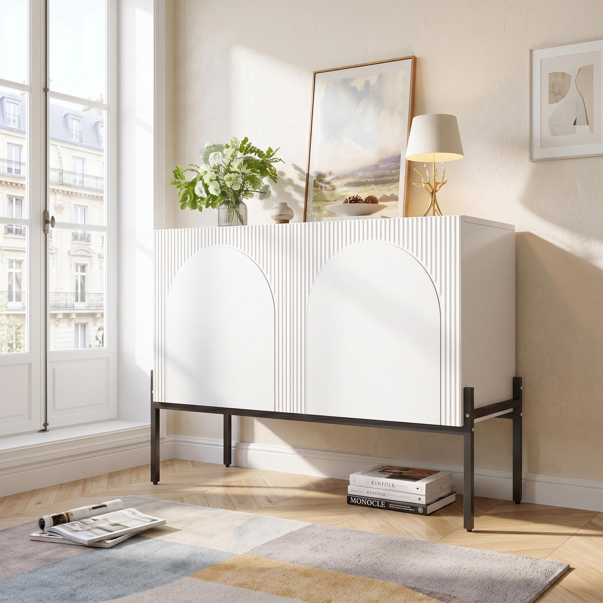 BUFLET 100cm cu Bogendesign, 2 Türen, Metallbeine - alb, compozit lemnos (100/75/40cm) - Urban Meuble