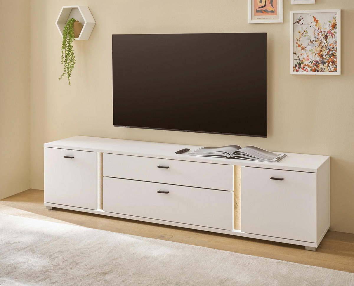 TV-LOWBOARD weiß matt, Eiche Wotan 201 cm, TV Unterteil inklusive Frontbeleuchtung - Silberfarben/Eiche Wotan, Holzwerkstoff/Kunststoff (200/48/42cm) - Furn.Design
