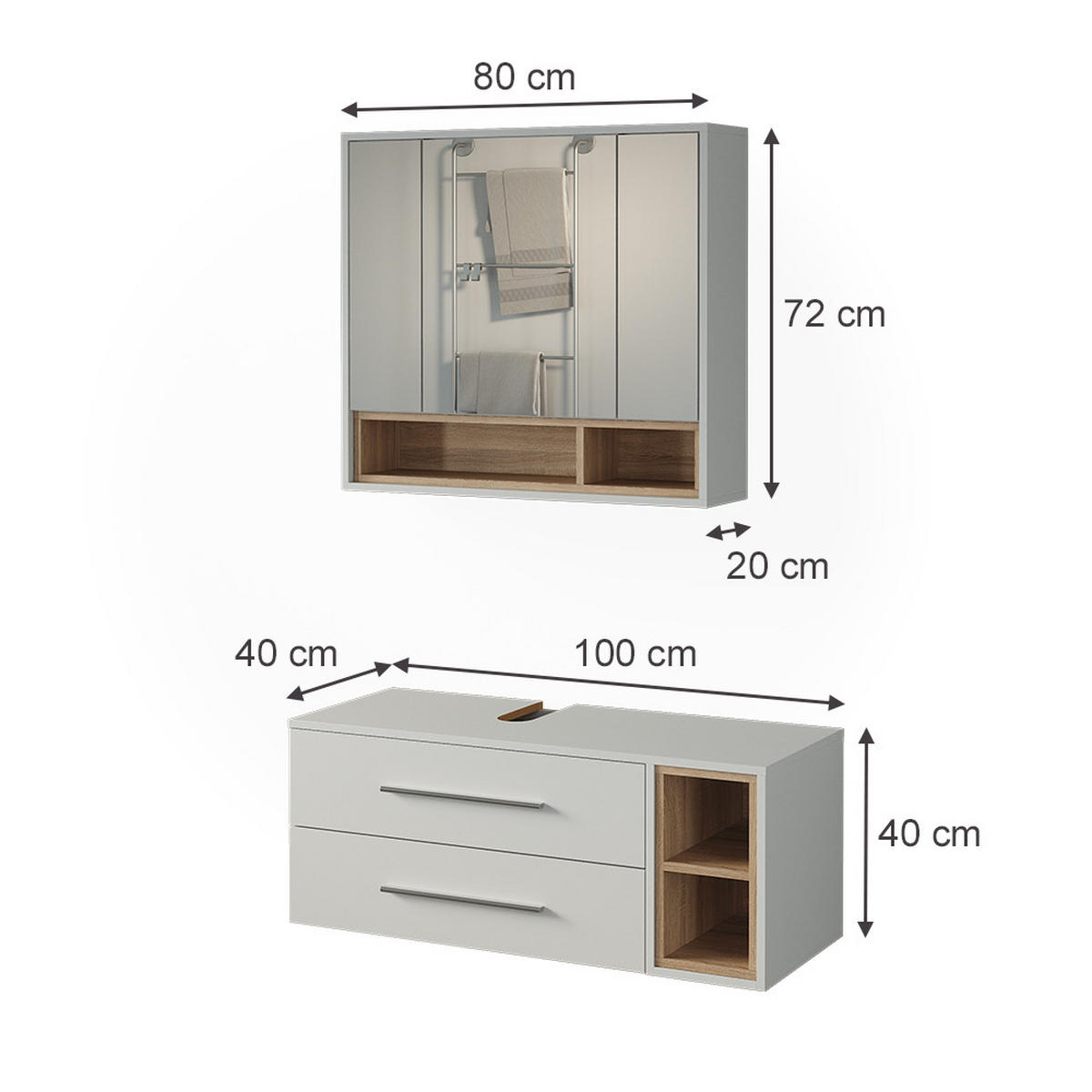 BADMÖBEL-SET Beatrice, Weiß/Sonoma, 2-teilig - Weiß/Sonoma Eiche, Holzwerkstoff (100/40/40cm) - Vicco