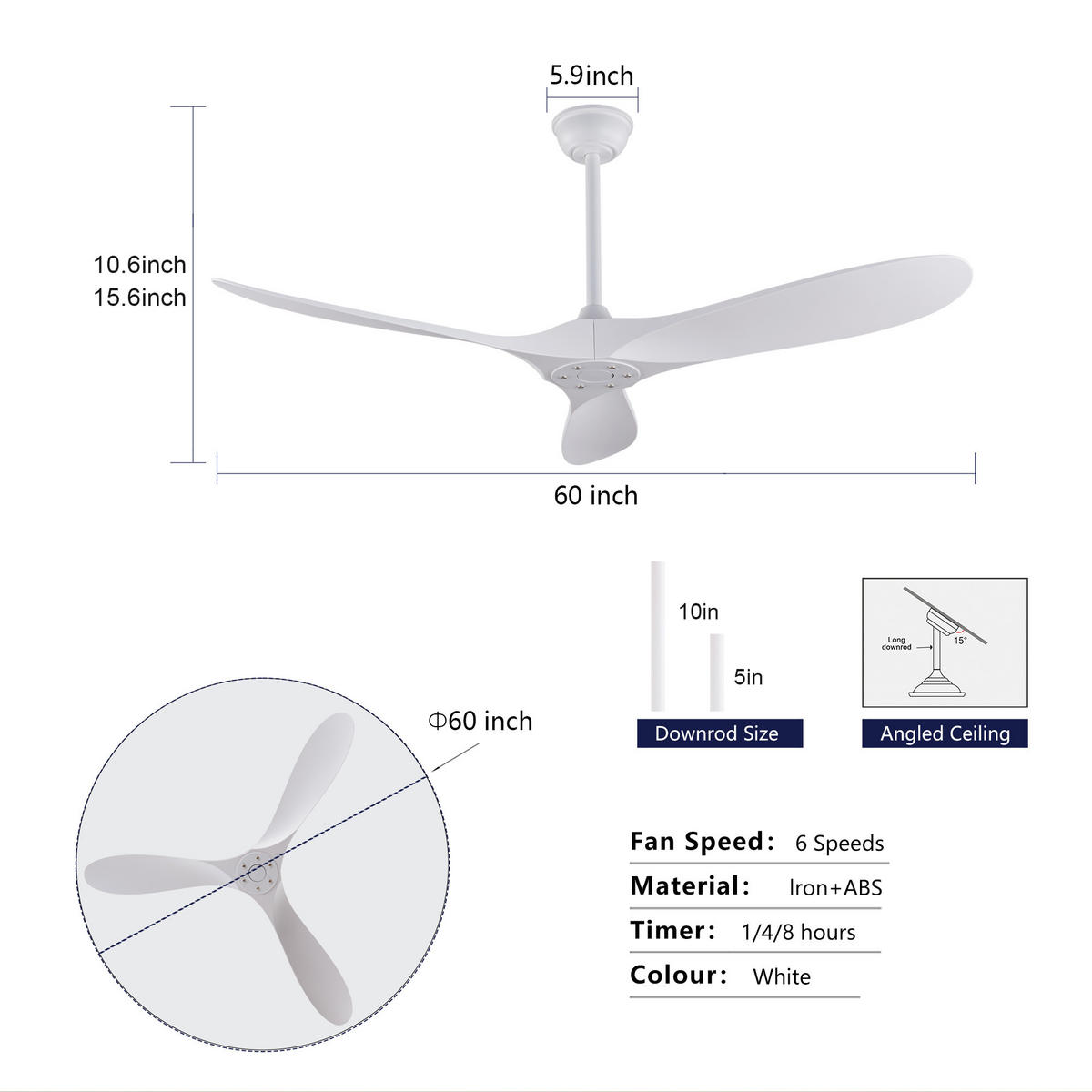 DECKENVENTILATOR 60Zoll Weiß Ohne Licht ABS Flügel DC Motor Timer - Weiß, Kunststoff (152/152/40cm) - CASIVA