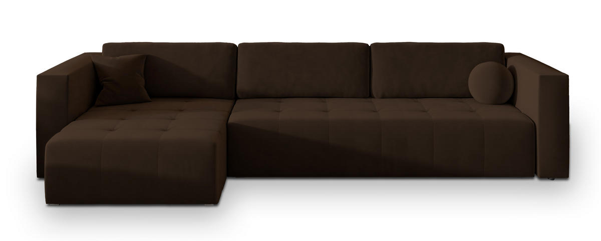 ECKSOFA OLVERA Braun Plüsch-Stoff mit Schlaffunktion - Braun, Holz (347/148cm) - MASSENO