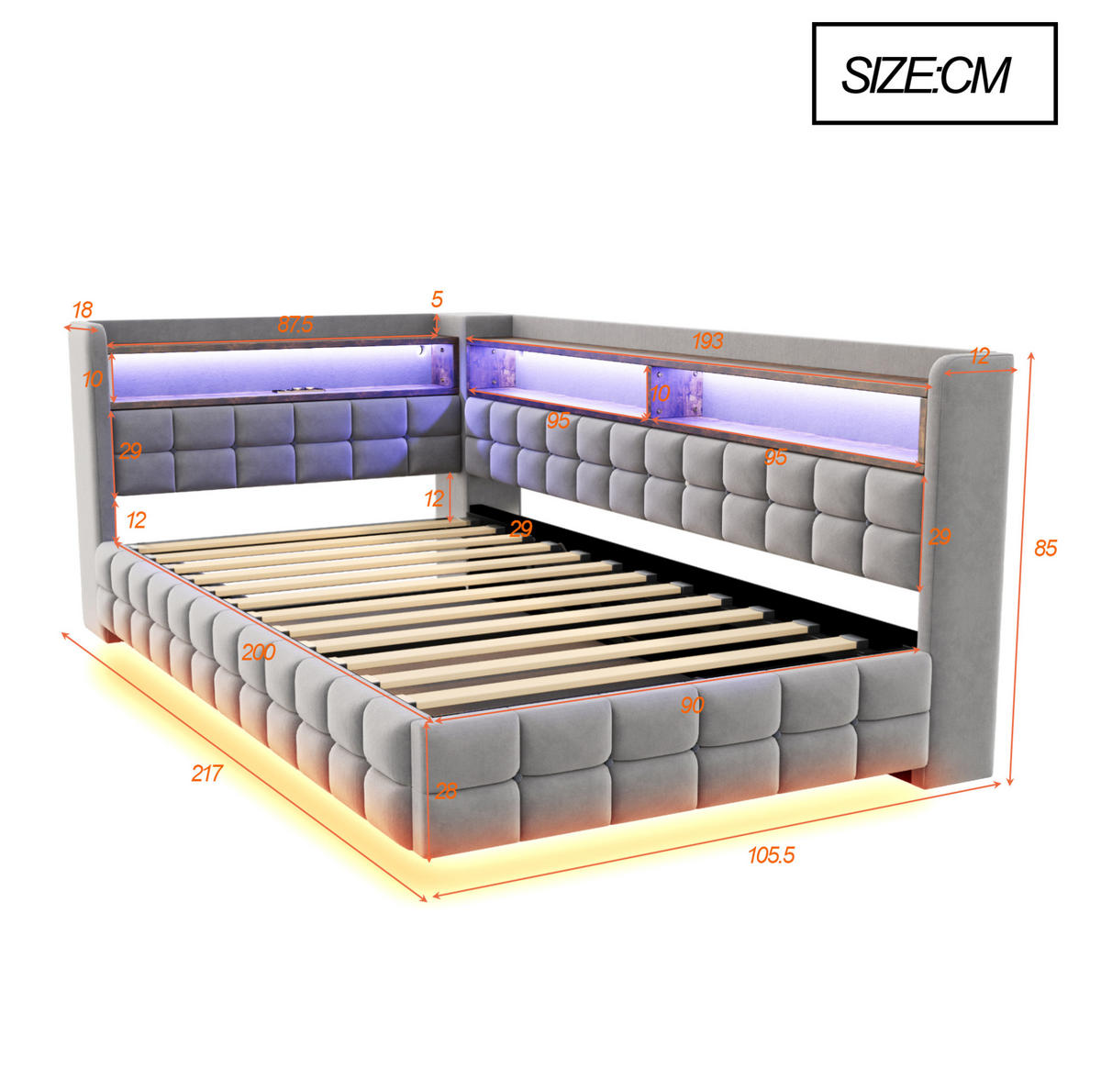 SCHLAFSOFA aus Samtstoff 90x200 cm Hellgrau mit Stauraum, LED-Beleuchtung und Ladeanschlüssen - Hellgrau, Textil (90/200cm) - IVMEU