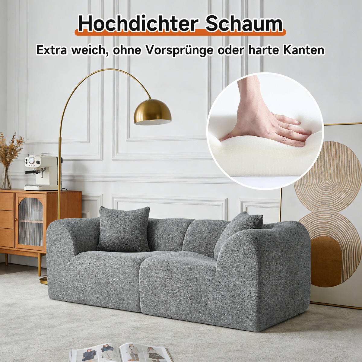 2-SITZER 193/87/67 cm grau aus Samt platzsparend mit 2 Kissen - Grau, Textil (87/67/193cm) - OKWISH