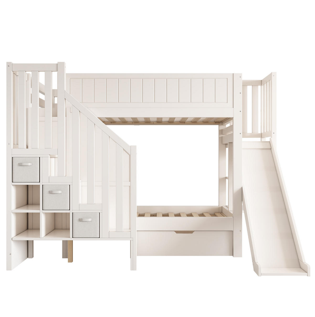 ETAGENBETT 90/200 cm mit Rutsche, Leiterschrank, Regalen und Schubladen, Weiß - Weiß, Holzwerkstoff (90/200cm) - Redom