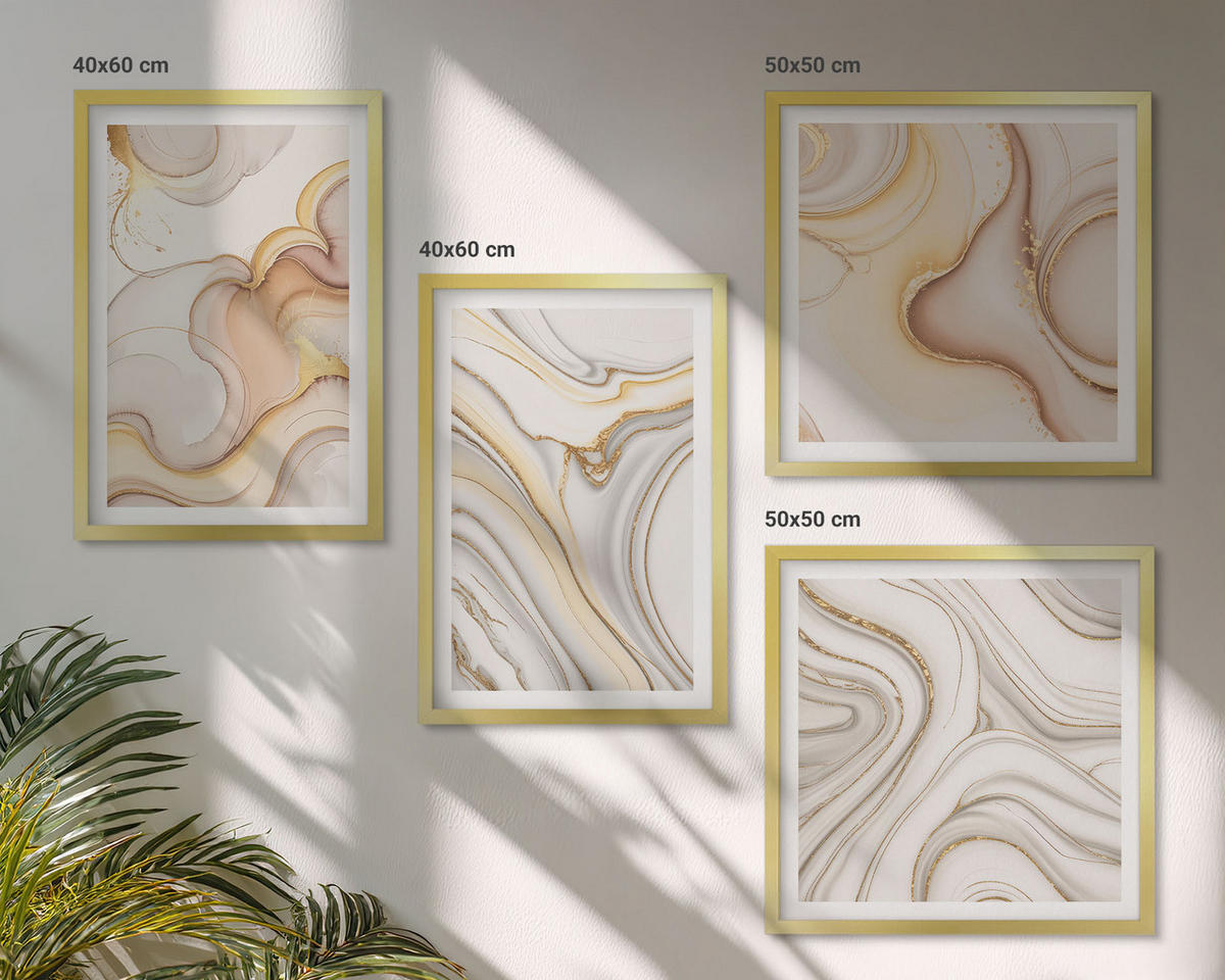 BILDER SET 4er Set - 50x50 cm & 40x60 cm Goldrahmen - Lineare abstrakte Motive - Goldfarben, Kunststoff (50/50cm) - TULUP