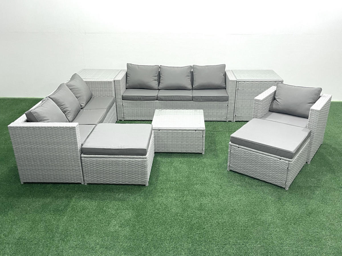 GARTENMÖBEL-SET mit Kissen Polyrattan Hellgrau-Mix 9-Sitzer - Hellgrau/Grau, Glas/Kunststoff - Fimous