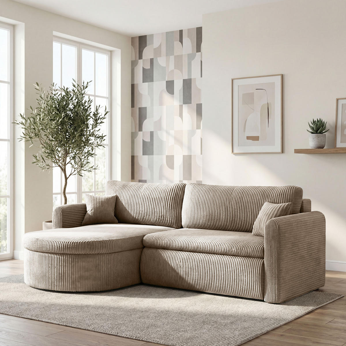 ECKSOFA Cora mit Schlaffunktion & Stauraum, Universell Rechts/Links, Beige Cord Chenille 260/82/160 cm - Beige/Schwarz, Kunststoff/Textil (250/160cm) - WFL GROUP