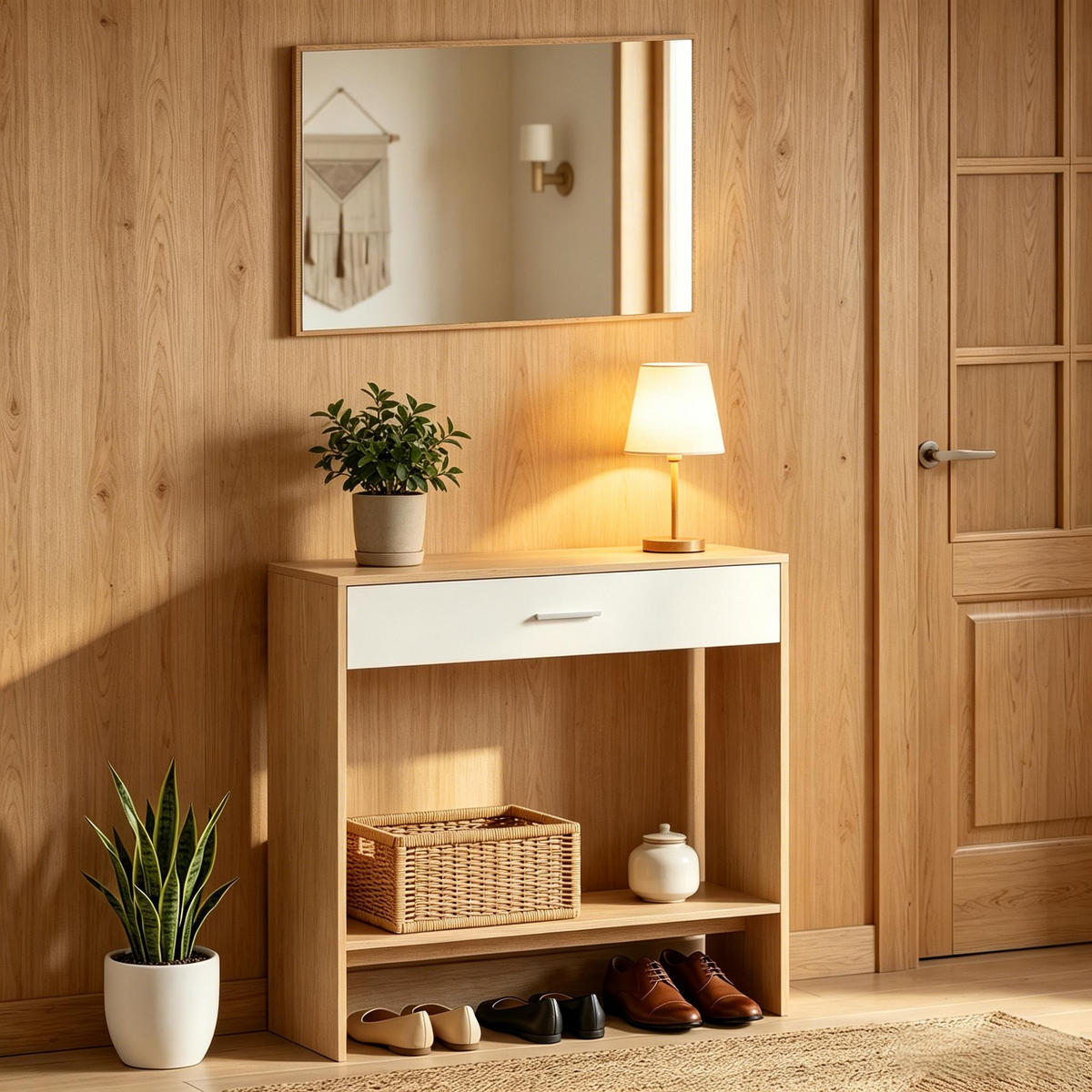 KONSOLENTISCH Eichenoptik/Weiß mit Spiegel und Stauraum - Naturfarben/Weiß, Holzwerkstoff (91.5/27.9/85cm)