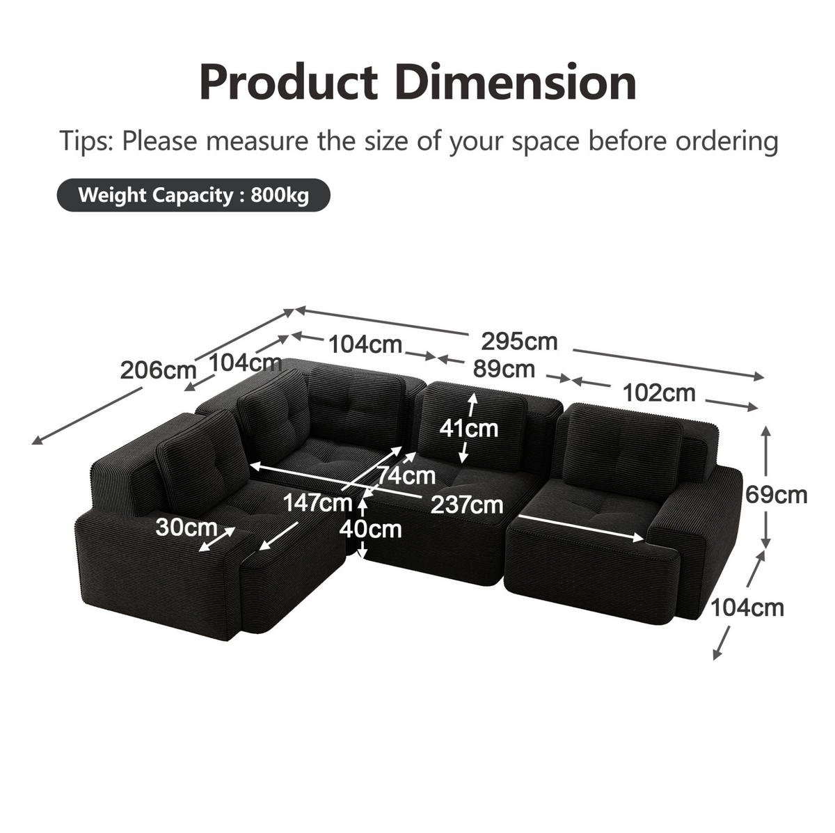 ECKSOFA modular ohne Aufbau Cord 4-tlg. - Schwarz, Kunststoff (104/382cm) - Meubliv