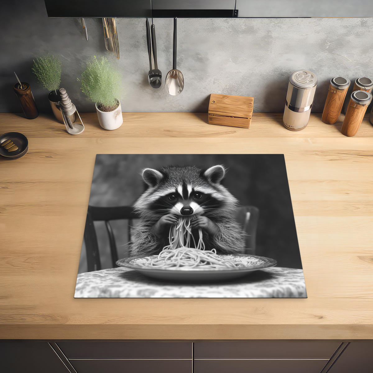 HERDABDECKPLATTE Waschbär - Niedlich - Pasta - Tischtuch - Schwarz - Weiß Herdabdeckung Induktionsfeld 60x52 cm - Grau, Kunststoff (60/52/0.2cm) - MuchoWow