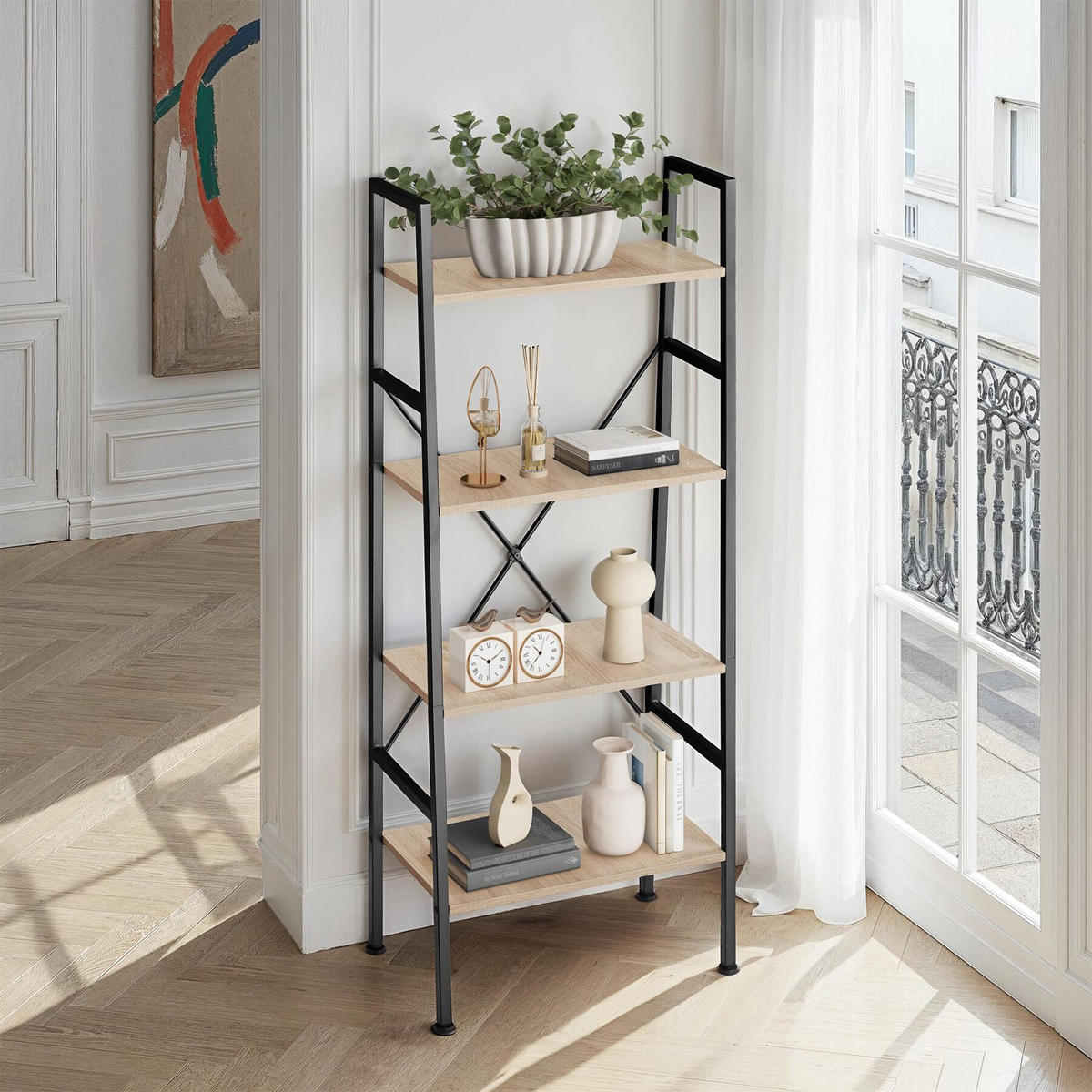 LEITERREGAL Newcastle,inklusive Kippschutz, 57,5 x 35,5 x 139 cm,Industrial Holz hell, Eiche Sonoma - Naturfarben, Holz (35.5/139/57.5cm) - tectake