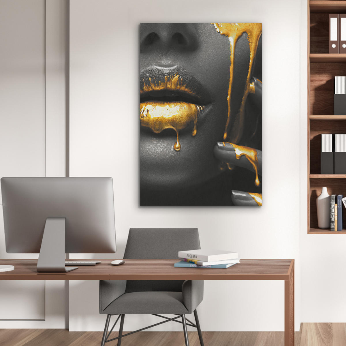 AKUSTIKBILD Frau - Schwarz - Gold - Gesicht - Lippen Wanddeko 60x90 cm - Goldfarben, Kunststoff (60/90/0.9cm) - MuchoWow