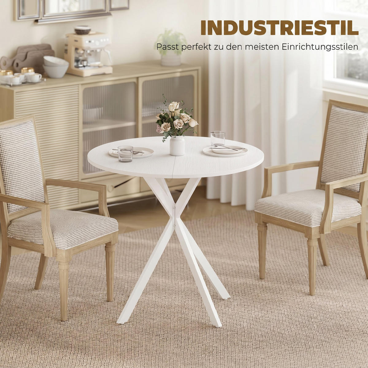 ESSTISCH, Runder Küchentisch für 2 Personen im Industriestil mit Stahlbeinen - Weiß, Holzwerkstoff (80/80/75cm) - HOMCOM
