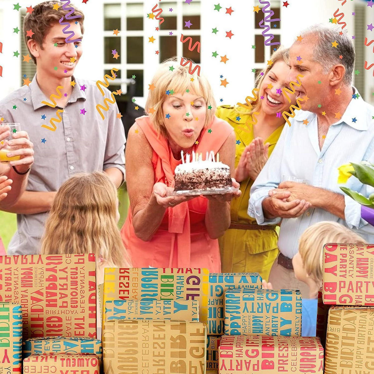 GESCHENKPAPIER Set Geburtstag 5 Blatt mit Band und Aufklebern - Multicolor, Papier (22/1/33cm)