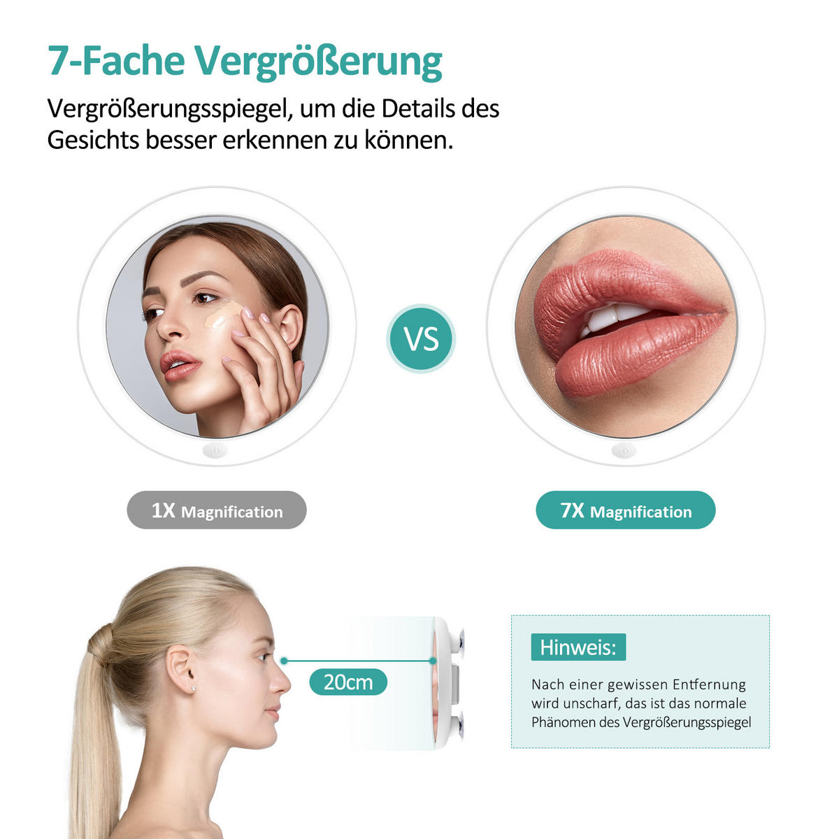 KOSMETIKSPIEGEL mit Licht mit Saugnapf, 7-fache Vergrößerung, Weiß, φ16,5 cm - Weiß, Glas (16.7/16.7/16.7cm) - EMKE