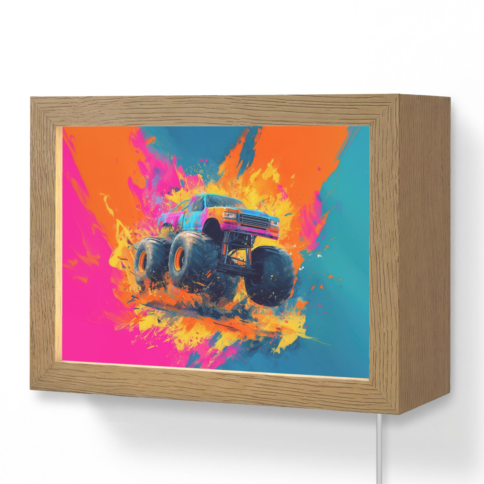 NÁSTĚNNÁ LAMPA Monster truck - Abstraktní - Stříkající barva - Barevné 20x15 cm - růžová, kompozitní dřevo (20/15/8cm) - OnlyWow