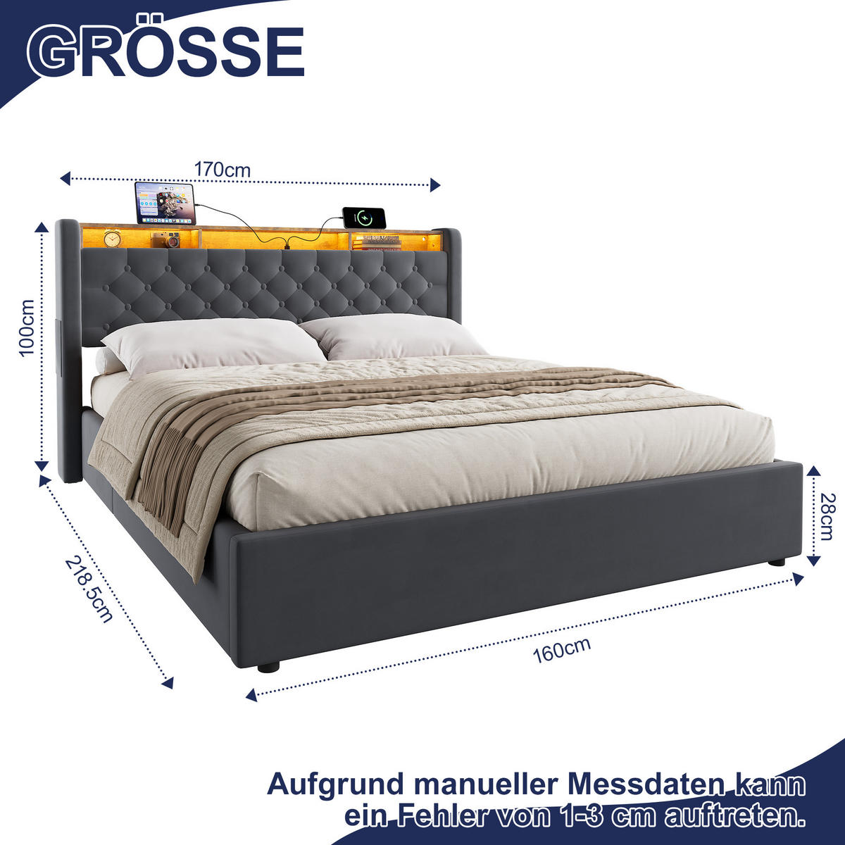 POLSTERBETT 160x200 mit Bettkasten & LED Beleuchtung,mit klappbarem Kopfteil,Grau - Grau, Holzwerkstoff/Textil (160/200cm) - EVRYAE