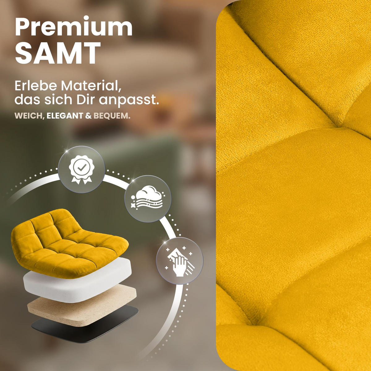 STUHL Samt Gelb - Gelb/Schwarz, Textil/Metall (45/84/55cm) - CLP