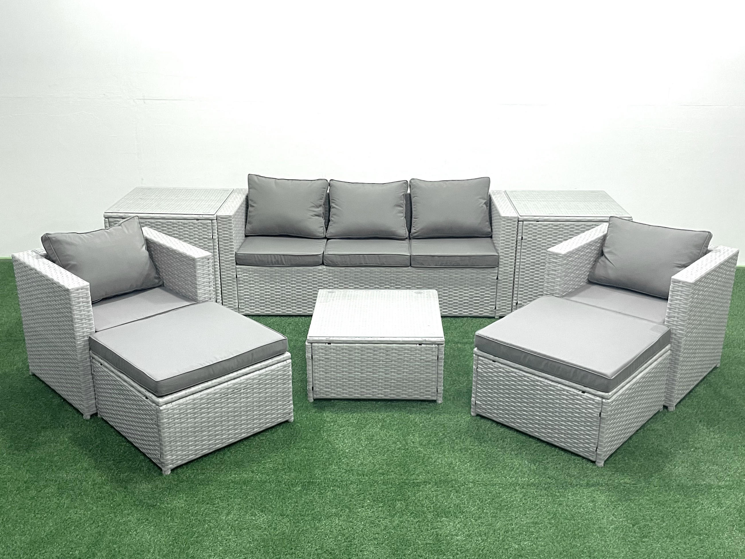 GARTENMÖBEL-SET mit Kissen Polyrattan Hellgrau-Mix 7-Sitzer - Hellgrau/Grau, Glas/Kunststoff - Fimous