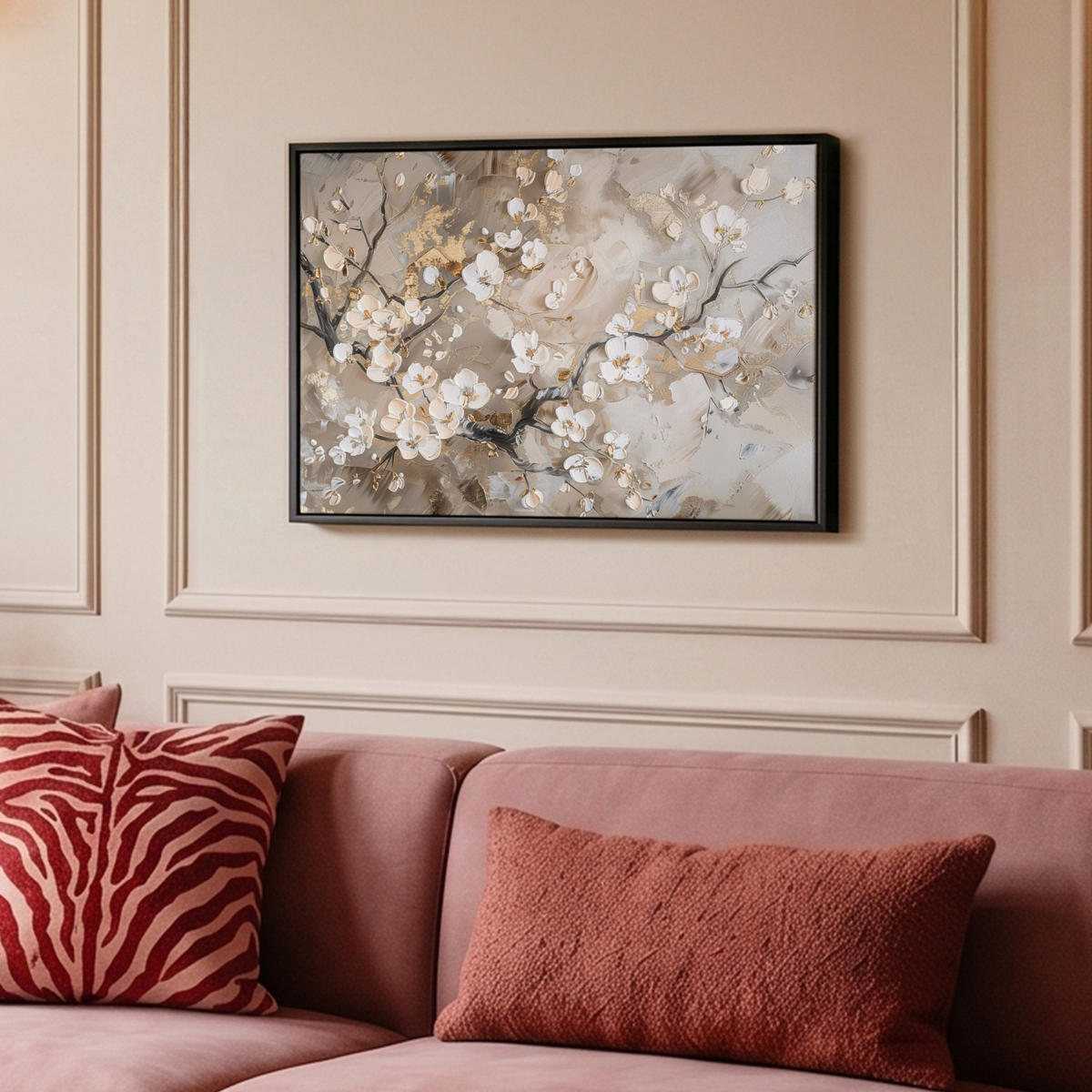 LEINWAND Bilder mit Rahmen - Blumen - Weiß - Gold - Beige - Luxus - 60x40 - Greige, Textil (60/40cm) - MuchoWow