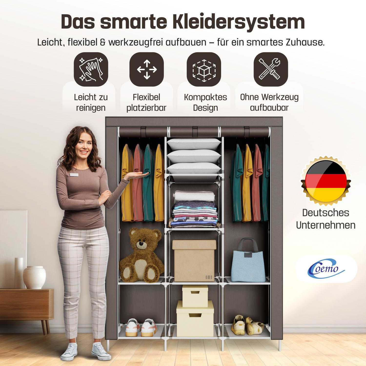 STOFFSCHRANK Kleiderschrank, 2 Kleiderstangen, 130/45/175 cm, Farbe: Braun - Braun, Textil (45/175/130cm) - Coemo