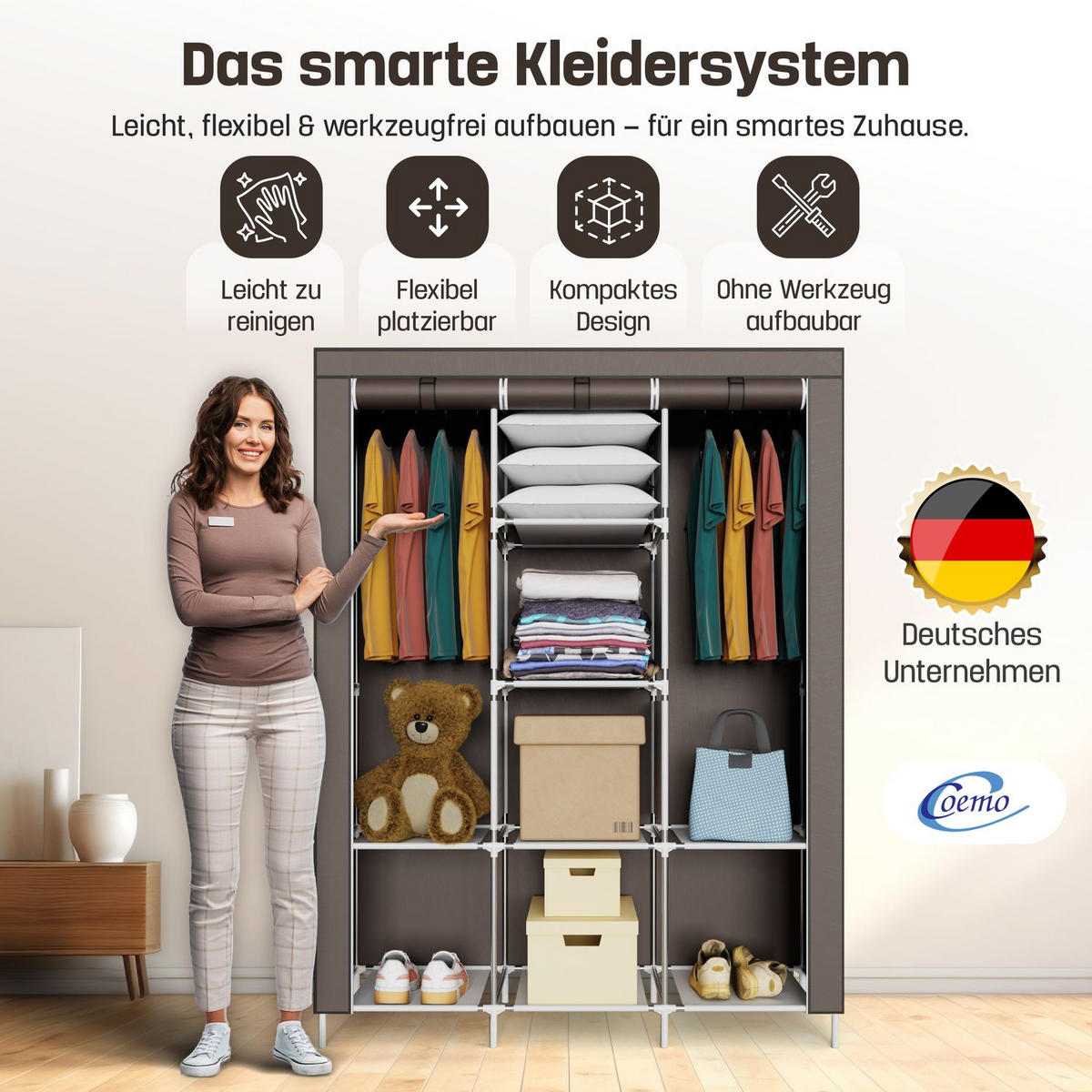 STOFFSCHRANK Kleiderschrank, 2 Kleiderstangen, 130/45/175 cm, Farbe: Braun - Braun, Textil (45/175/130cm) - Coemo