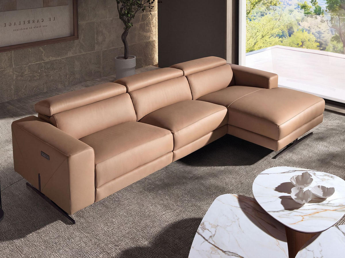 ECKSOFA mit Chaiselongue rechts aus braunem Leder 305/170/100 cm - Edelstahlfarben/Braun, Leder/Metall (305/170cm) - ANGEL CERDA