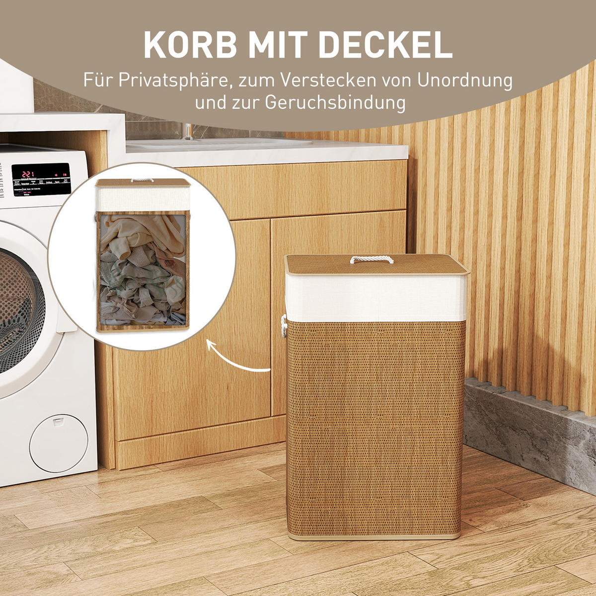 BAMBUS Wäschekorb mit Deckel 72 L Wäschesammler mit Seilgriffen Braun - Braun, Naturmaterialien (30/60/40cm) - HOMCOM