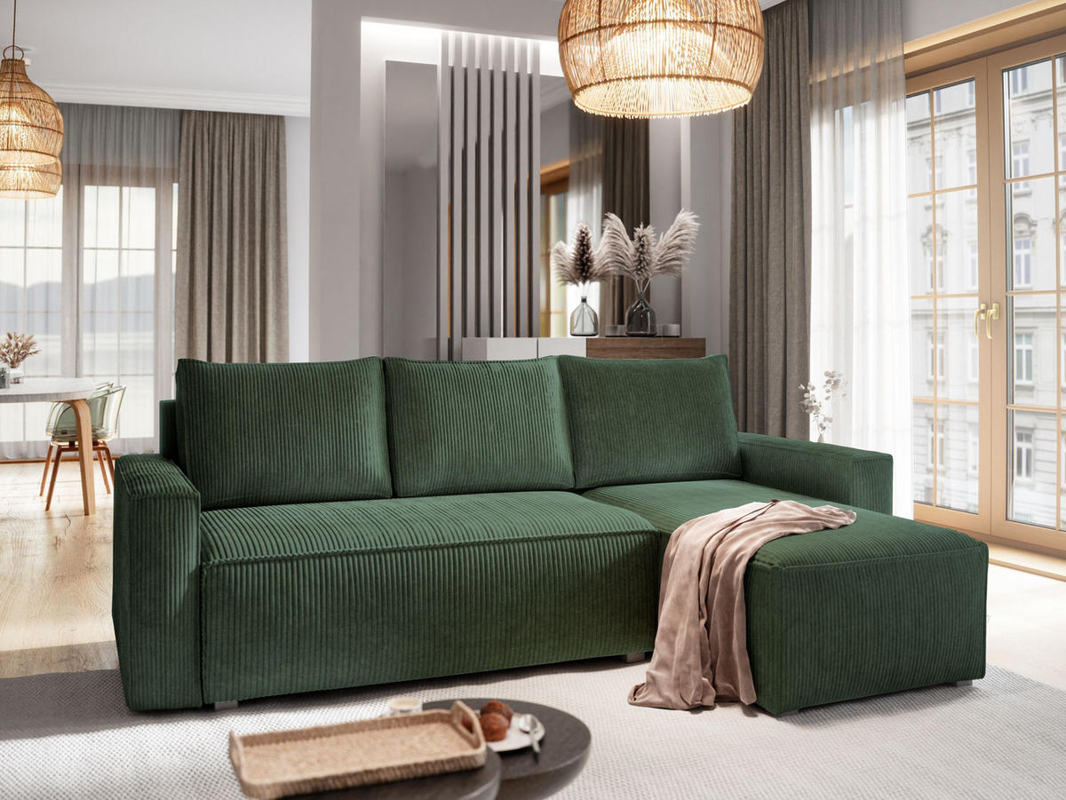 ECKSOFA POTARO Grün Kordstoff mit Schlaffunktion - Grün, Holz (232/140cm) - MASSENO