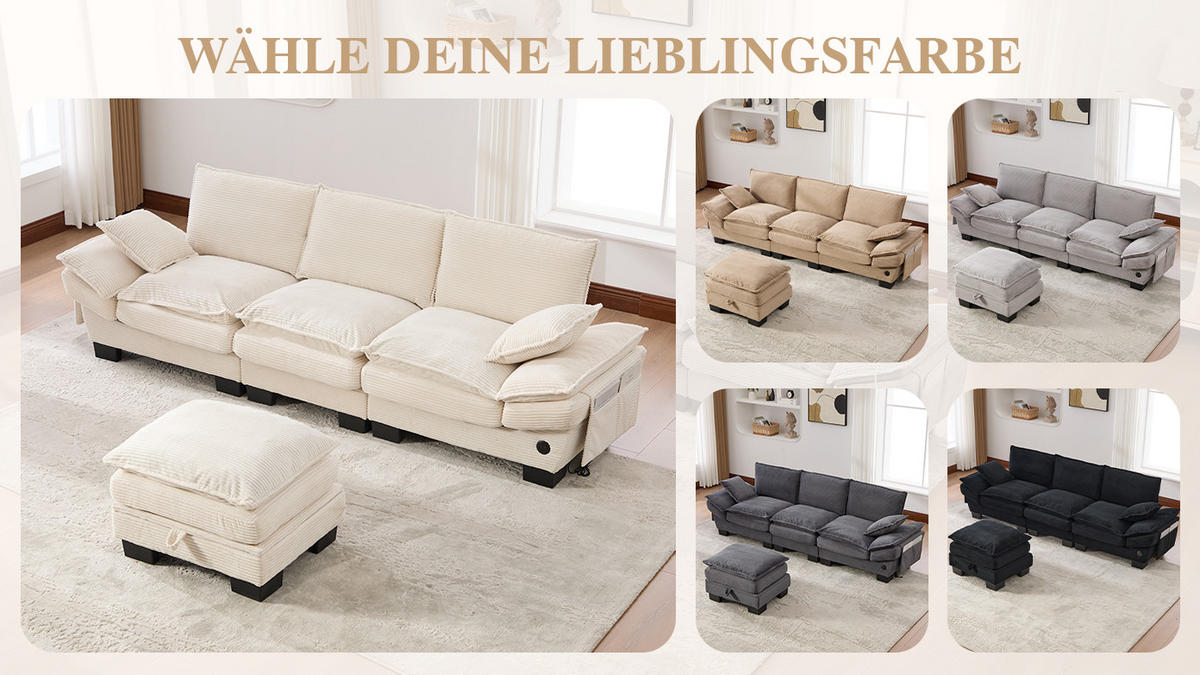 3-SITZER Sofa aus Cord 260x132x84 cm mit USB-C & Seitentaschen, beige - Beige, Textil (132/84/260cm)