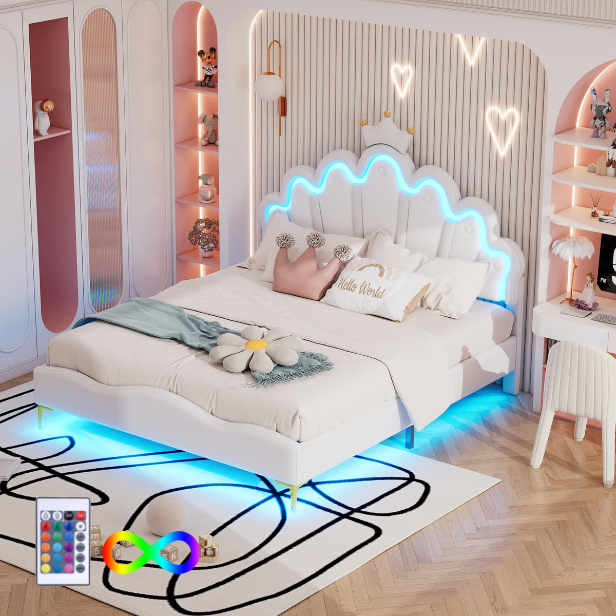 KINDERBETT 140/200 cm Weiß mit verstellbarem LED-Licht kronenförmiges Prinzessinnenbett - Weiß, Kunststoff (140/200cm) - OKWISH