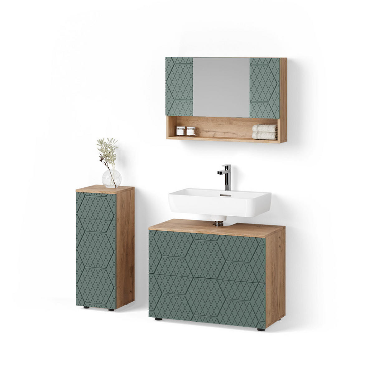 BADMÖBEL-SET Ronco Grün/Goldkraft Eiche 3 Teile, mit Schubladenschrank und Midischrank - Honigeiche/Grün, Holzwerkstoff (80/58/41cm) - Livinity®