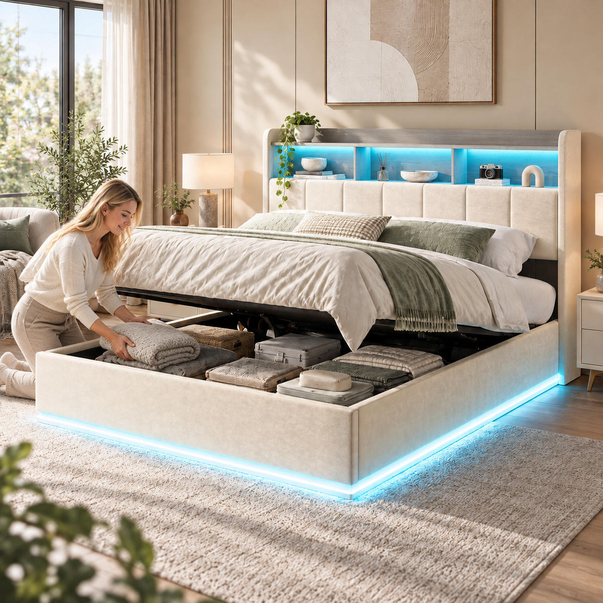 POLSTERBETT 140/190 cm mit beleuchteten Ablagefächern am Kopfteil, USB-Anschluss, Sockel-LED-Beleuchtung & Stauraumbettkasten mit Hydraulik - Beige, Holz/Metall (140/190cm) - Joyfair