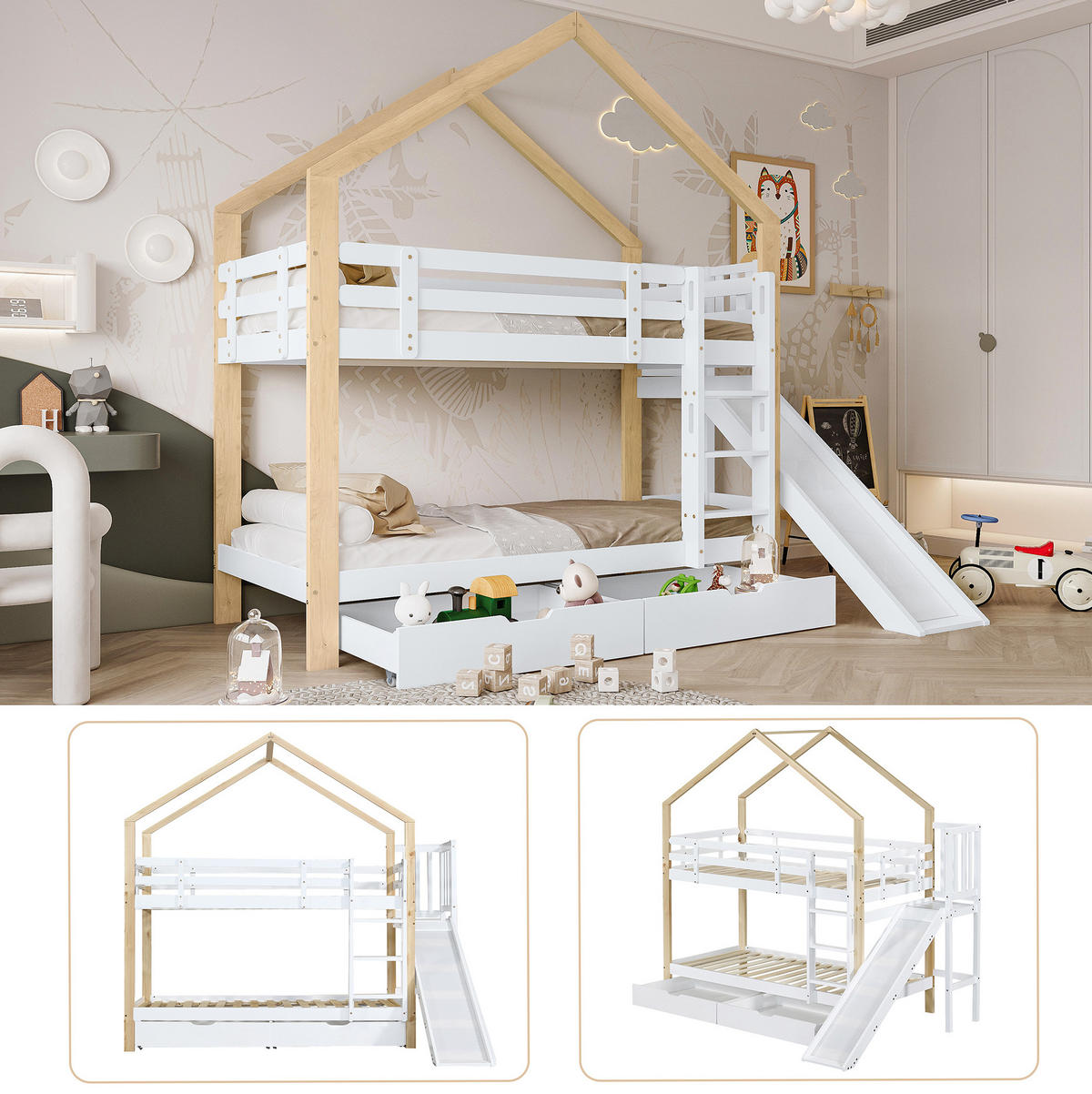 ETAGENBETT aus Kiefer und MDF 90x200 cm Weiß/Natur mit Rutsche, Leiter, 2 Schubladen und Hausdesign - Weiß, Holzwerkstoff (90/200cm) - Modfu