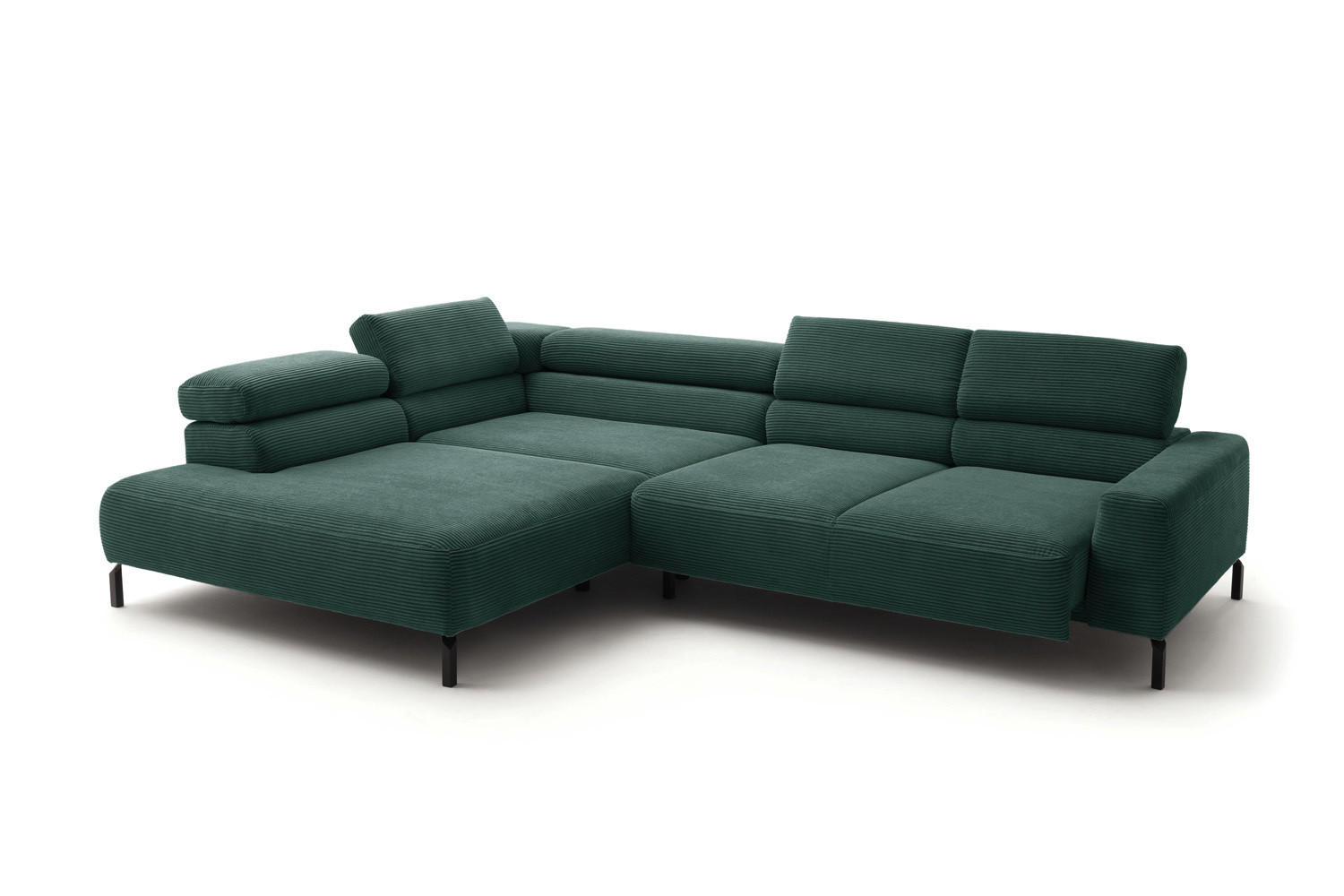 ECKSOFA DELIA Smaragdgrün Cord Relaxfunktion - Smaragdgrün/Schwarz, Textil/Metall (276/219cm) - KAWOLA