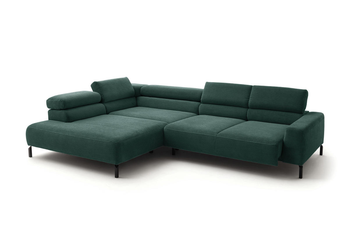 ECKSOFA MIT MOTORISCHEM SITZVORZUG DELIA Smaragdgrün Cord - Smaragdgrün/Schwarz, Textil/Metall (312/219cm) - KAWOLA