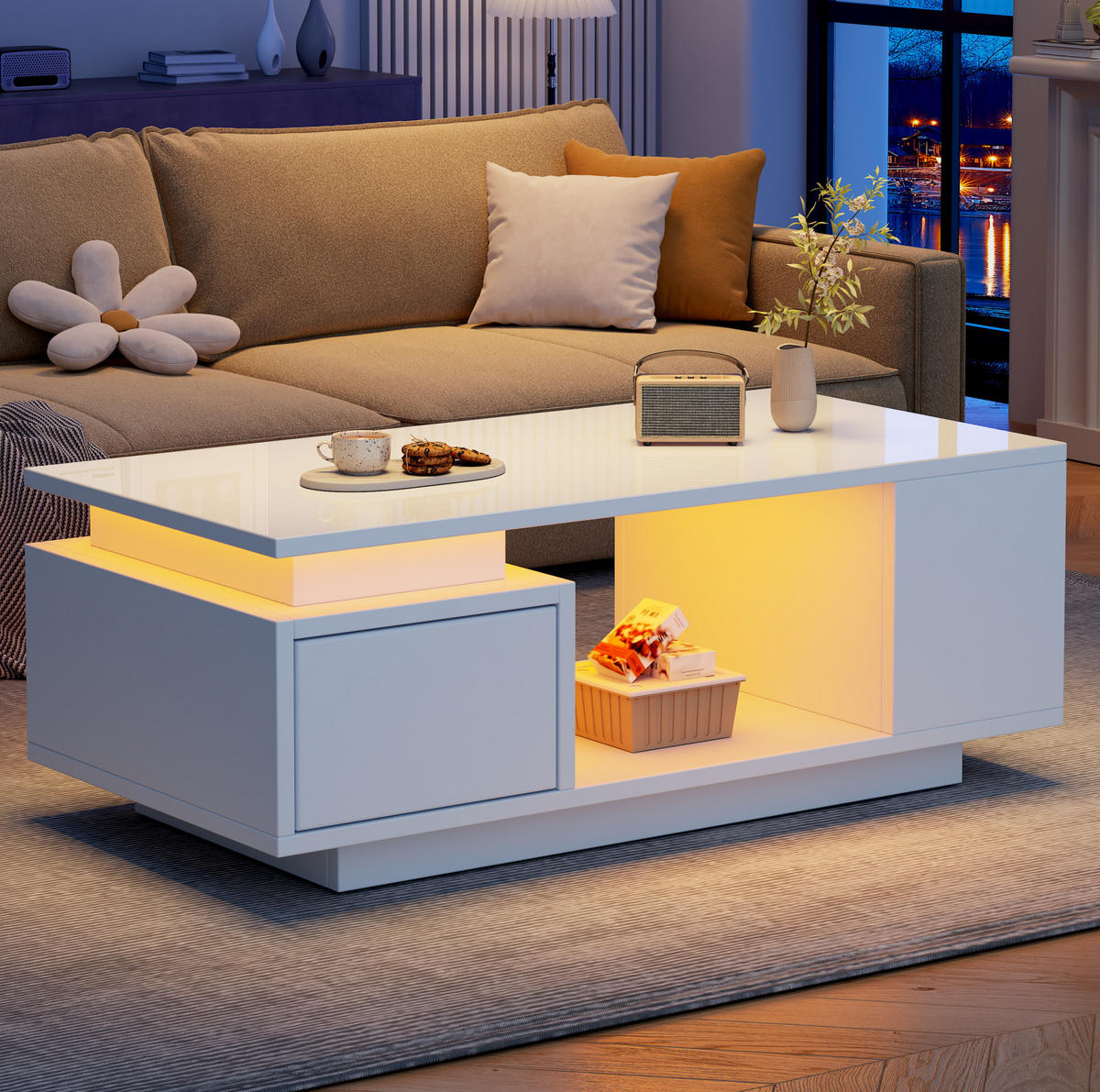 COUCHTISCH aus Spanplatte 100x50x36 cm in Weiß mit LED-Beleuchtung & Schublade - Weiß, Holzwerkstoff (100/50/36cm) - Modfu