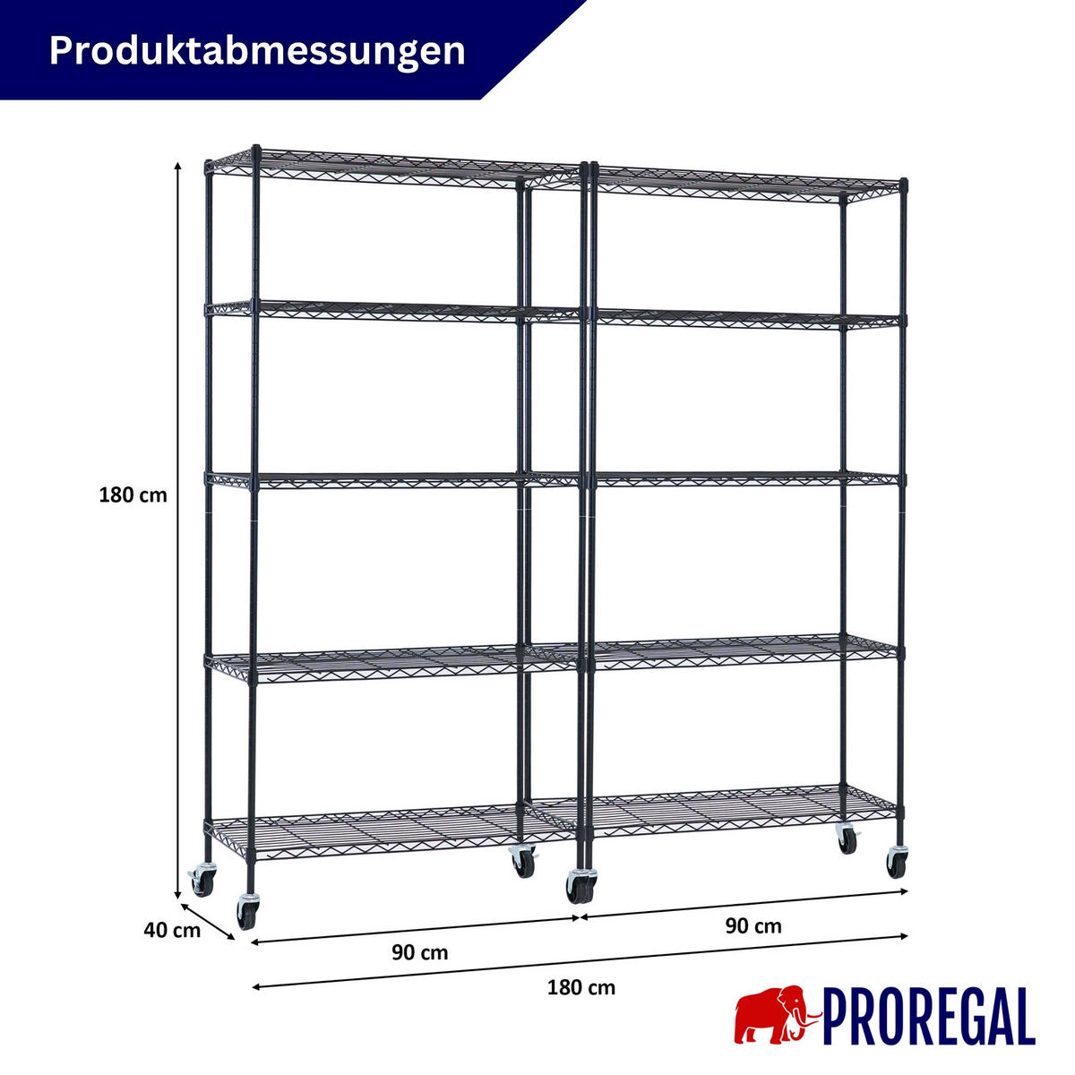 GITTERREGAL 2er - Set HADES mit Rollen & 5 Gitterböden Metall 180x90x40cm Schwarz - Schwarz, Metall (90/180/40cm) - PROREGAL