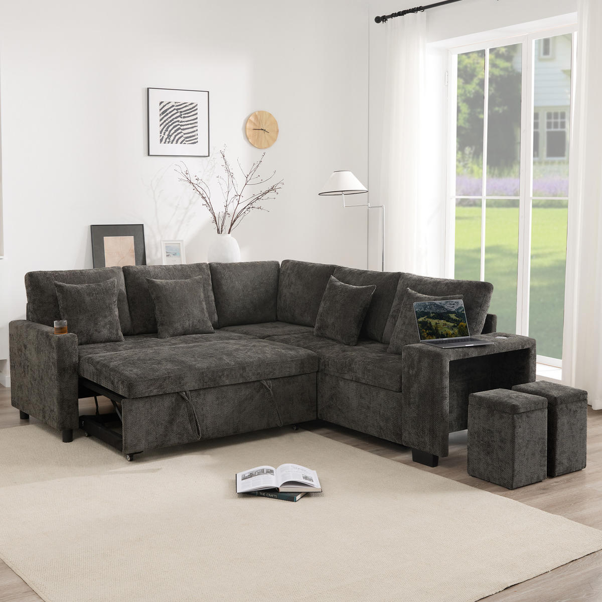 SCHLAFSOFA Grau L-Form USB Stauraum Getränkehalter Kissen - Grau, Textil (205/220cm) - FLIEKS