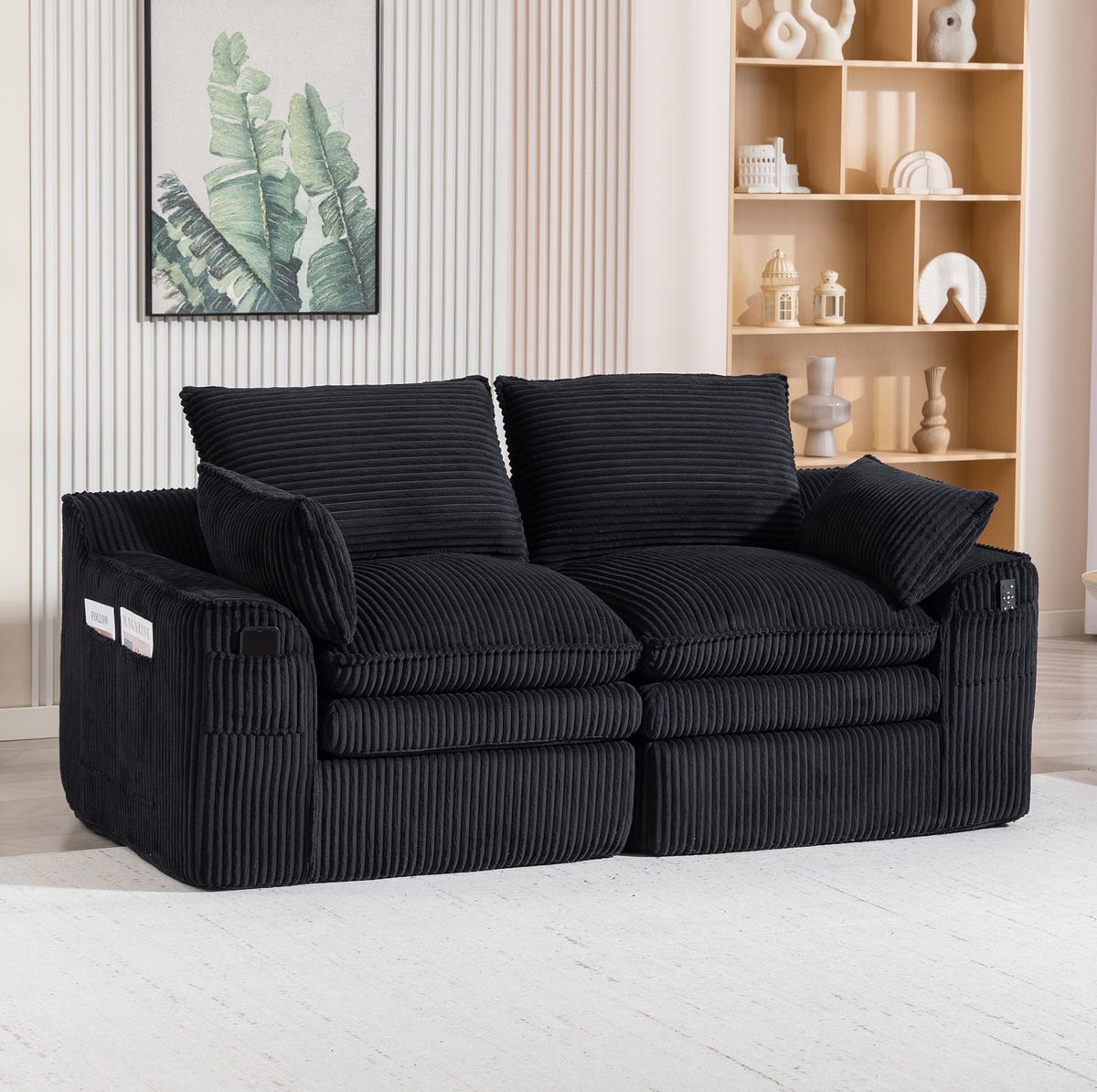 2-SITZER-SOFA 191/94/85 cm mit Seitentaschen und Kissen, Cordbezug und Federkern, Schwarz - Schwarz, Textil (191/85/94cm) - Redom