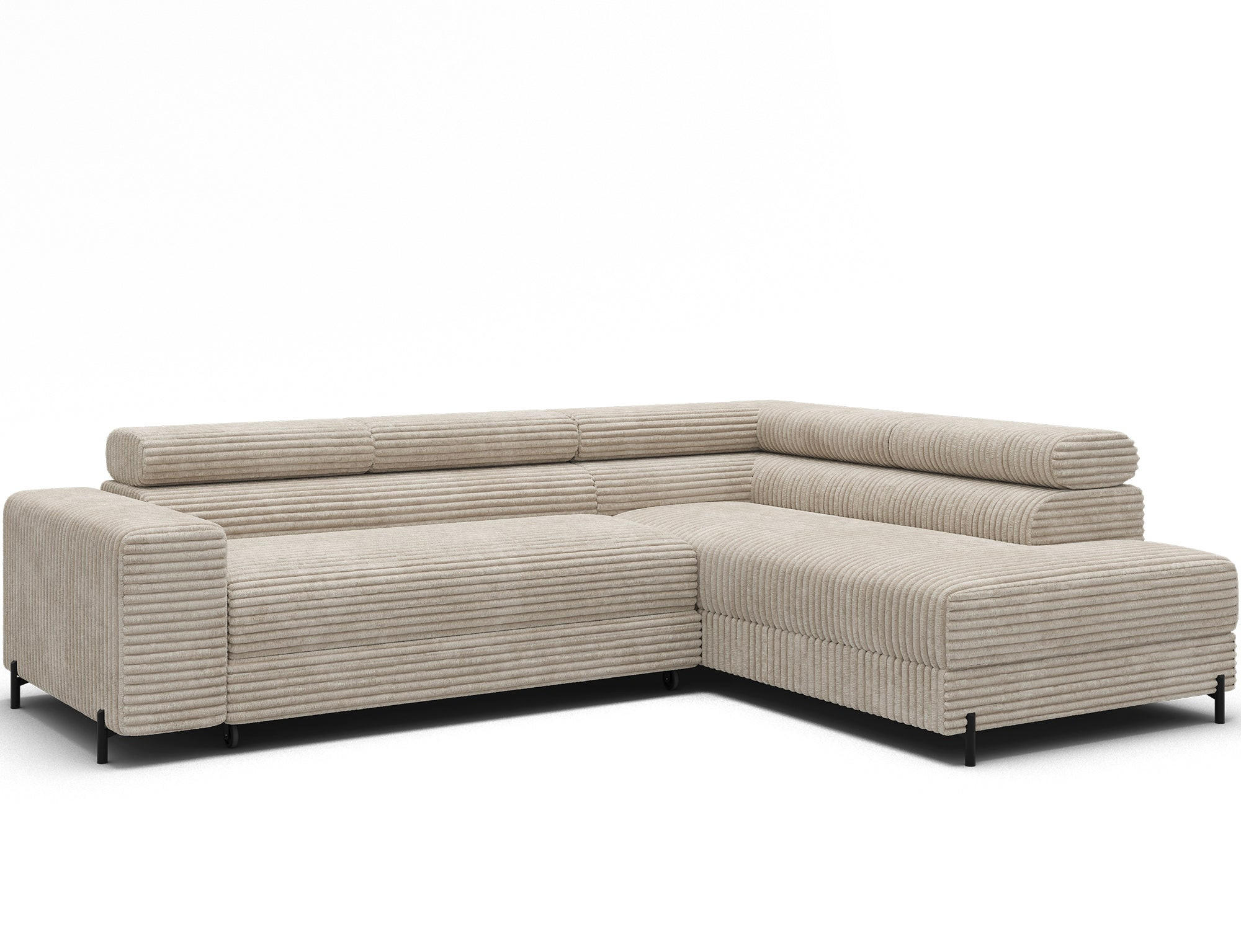 ECKSOFA COLESIO L-Form, Schlaffunktion, Bettkasten, verstellbare Kopfstützen, Wellenfederung, Metallfüße, breiter Cordstoff - Creme/Schwarz, Kunststoff/Metall (204/269cm) - Wohnideebilder