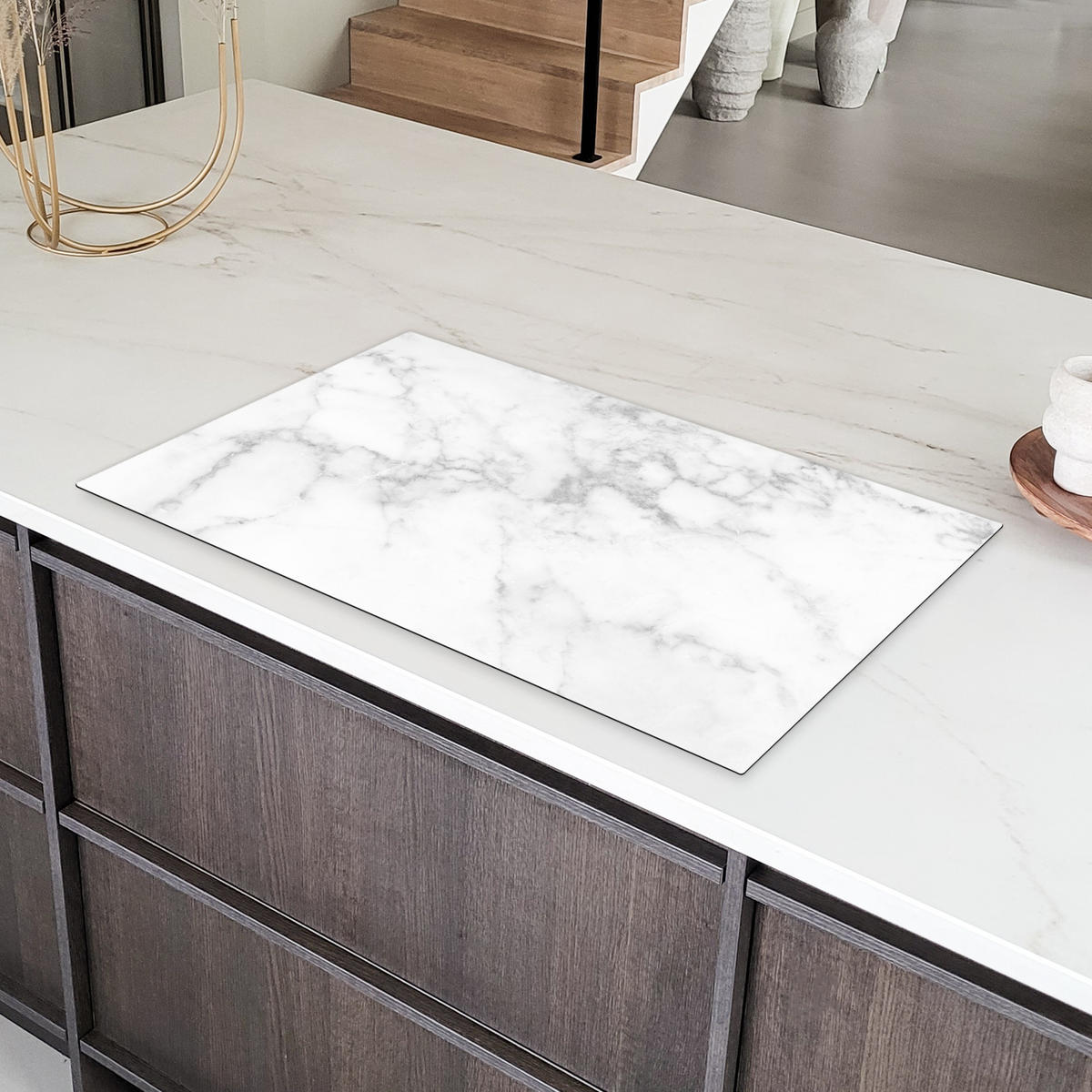 HERDABDECKPLATTE Marmor - Grau - Weiß - Strukturierter Marmor 91x52 cm - Weiß, Kunststoff (91.2/0.2/52cm) - MuchoWow