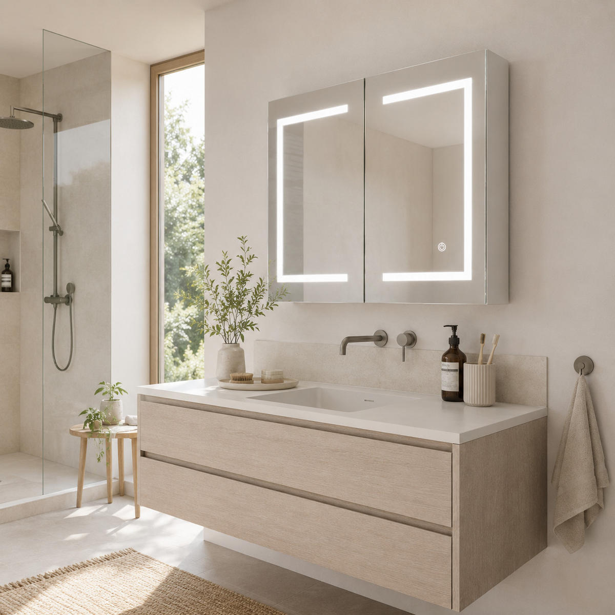 SPIEGELSCHRANK LED 80/60/13.5 cm mit Aufbewahrung, dimmbar, Touch-Schalter, moderner Badezimmer Spiegel mit Stauraum - Weiß, Glas (80/60/13.5cm) - Joyfair