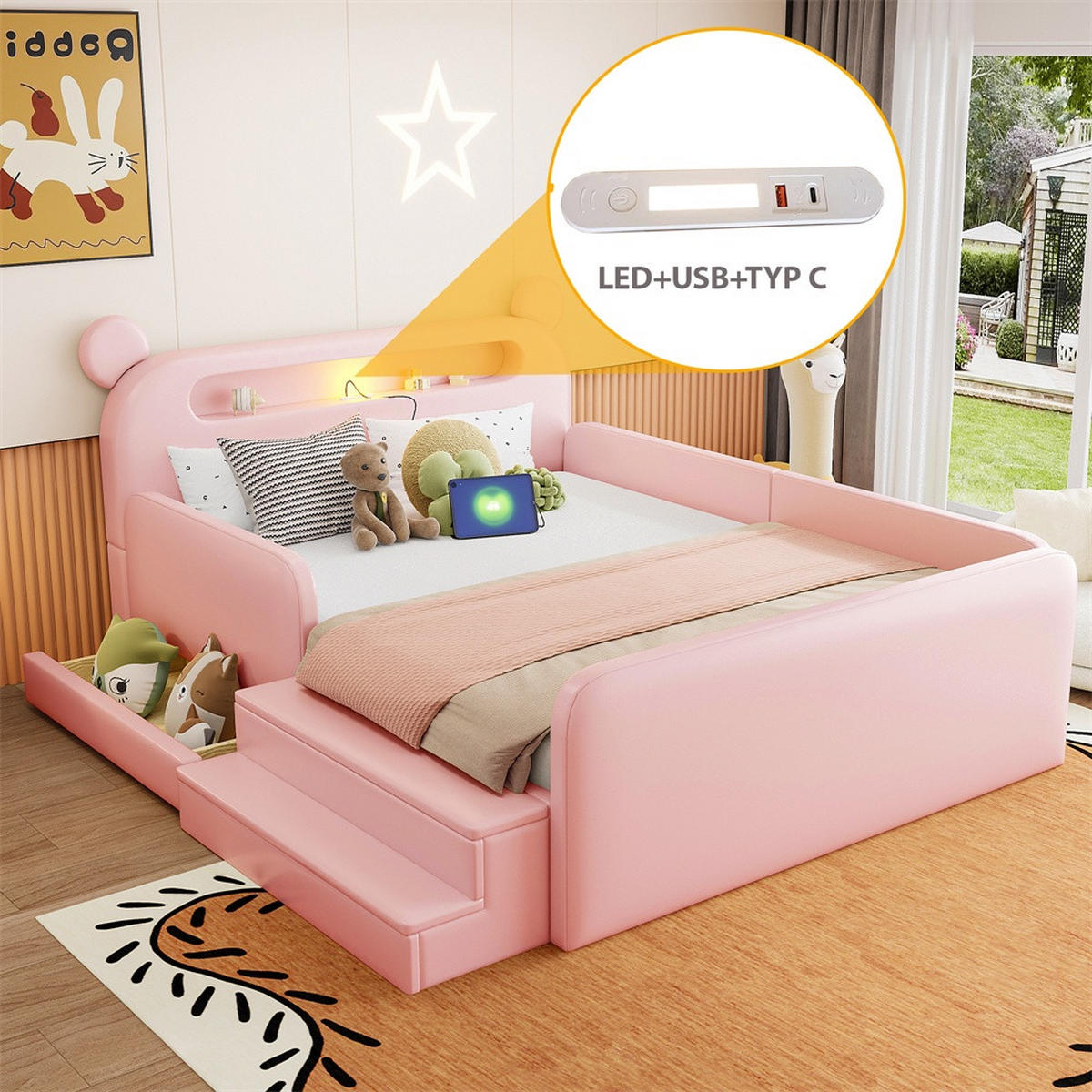 POLSTERBETT 140x200 cm mit Bären-Kopfteil - Nachtlicht & USB - mit Stauraum - Rosa - ohne Matratze - Pink, Textil (140/200cm) - DELFA