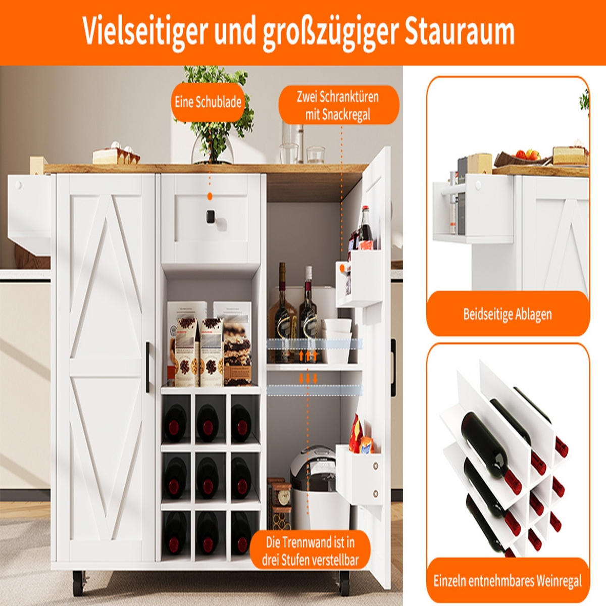 KÜCHENINSEL klappbar auf Rollen mit Stauraum, Holzmaserung, 137,5/65/95,6 cm - Weiß, Kunststoff (65/95.6/137.5cm) - Rolipo