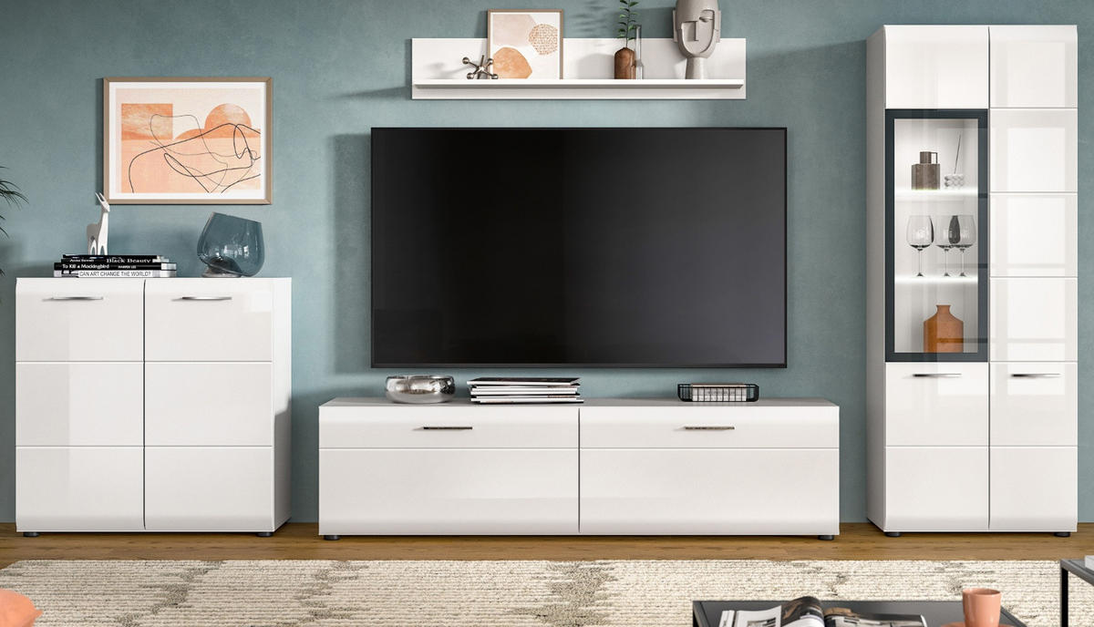 WOHNWAND weiß Hochglanz 4-teilig 330 cm, Schrankwand mit viel Stauraum - Weiß Hochglanz/Silberfarben, Glas/Holzwerkstoff (330/160/41cm) - Inn.Furn