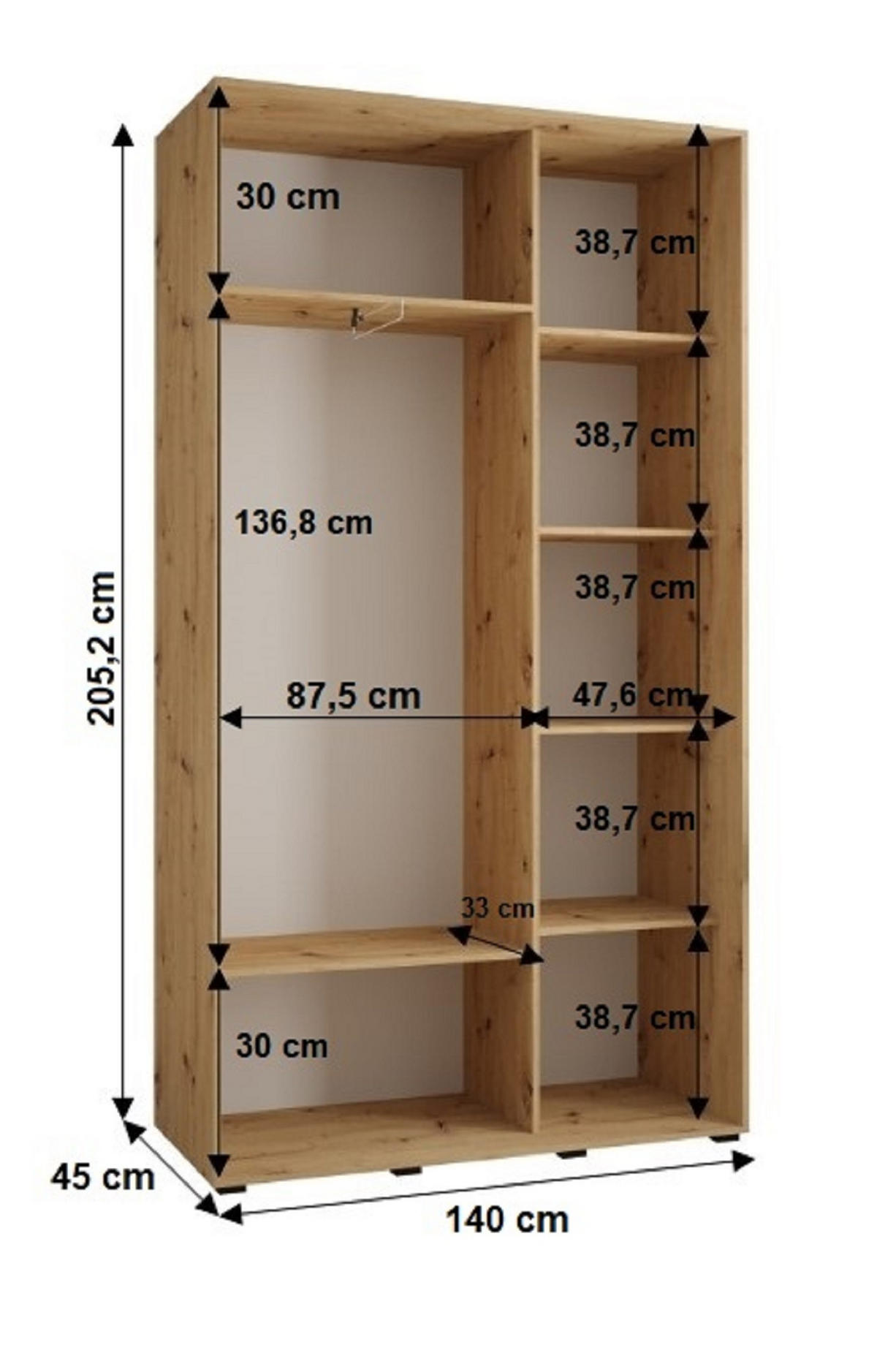 SCHWEBETÜRENSCHRANK 205,2/140/45 2-türig - Schwarz/Eiche Artisan, Holz/Metall (140/205.2/45cm) - Abiks Möbel