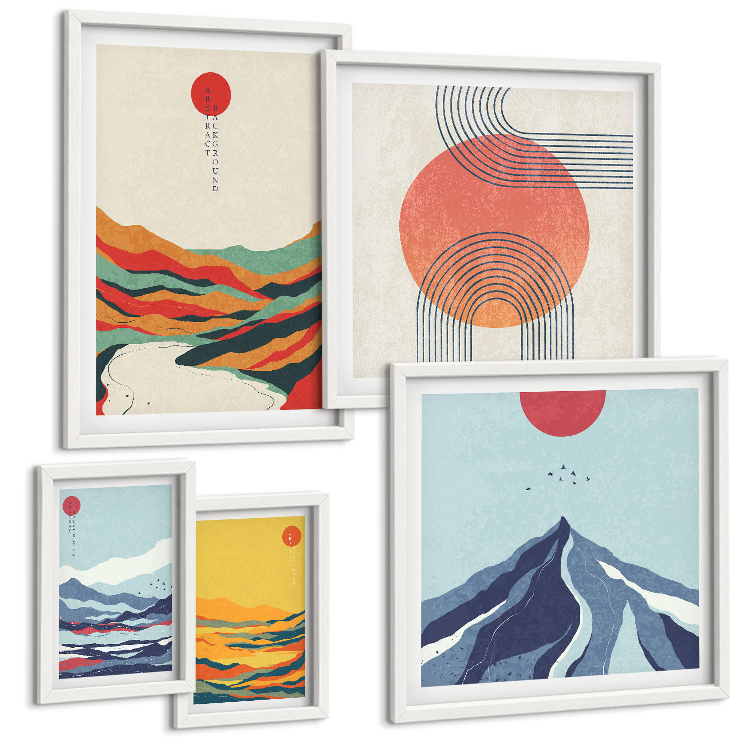 BILDER SET 5er Set - 50x50 cm & 20x30 cm & 40x60 cm Weißer Rahmen - Pastellfarbene Berge im Japandi-Stil - Weiß, Kunststoff (40/60cm) - TULUP
