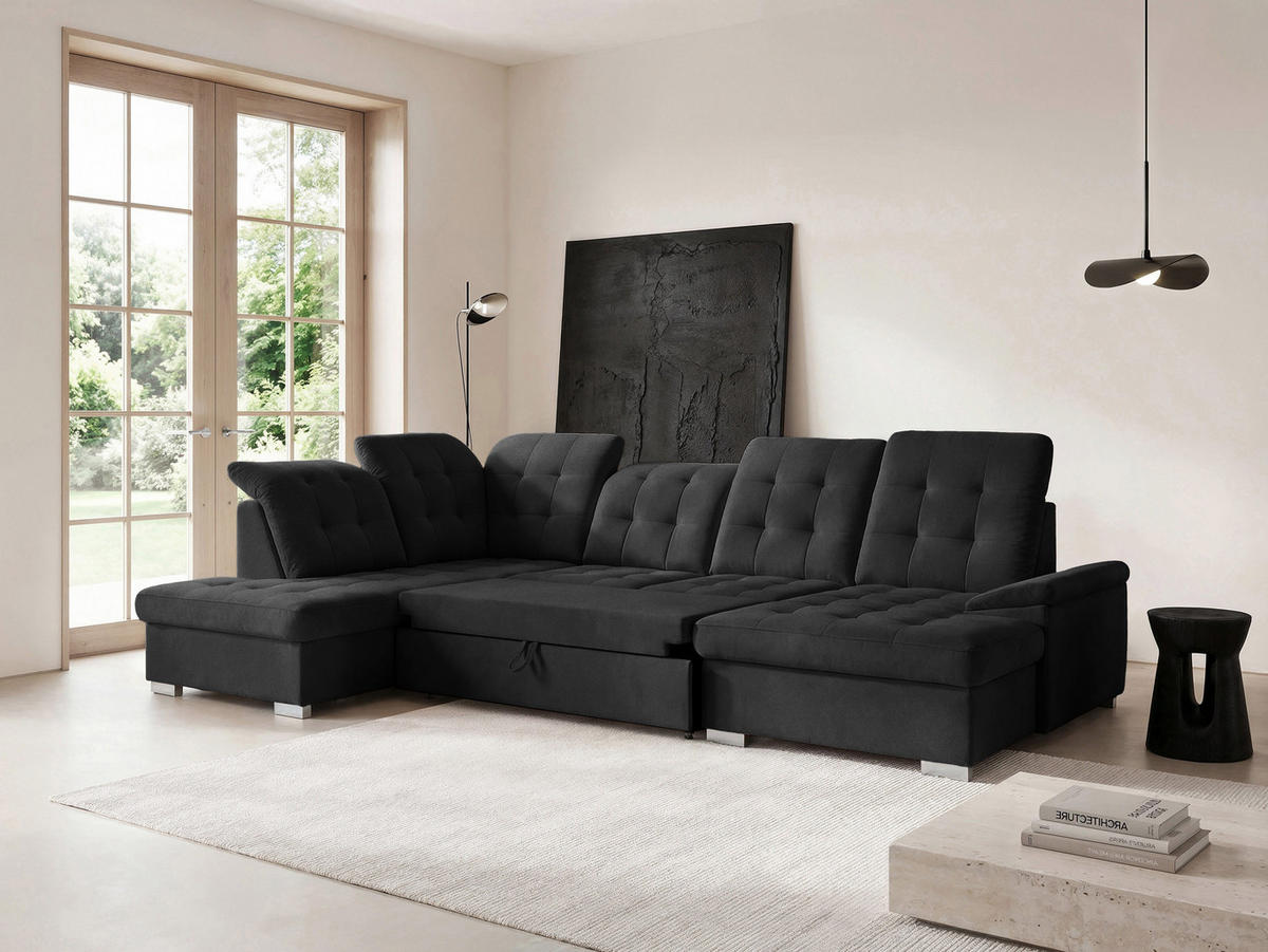 WOHNLANDSCHAFT ANON Ottomane Links, mit Schlaffunktion und Bettkasten, Schwarz - Schwarz, Kunststoff/Textil (322/87/220cm) - Idohome